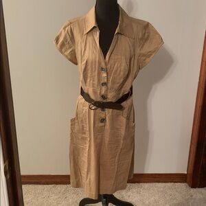 Elegant Tan Belted Midi Dress